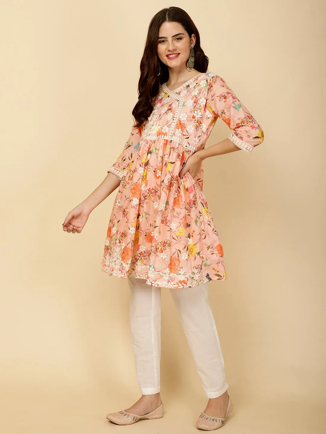 Chikankari & Floral Printed Cotton Kurti