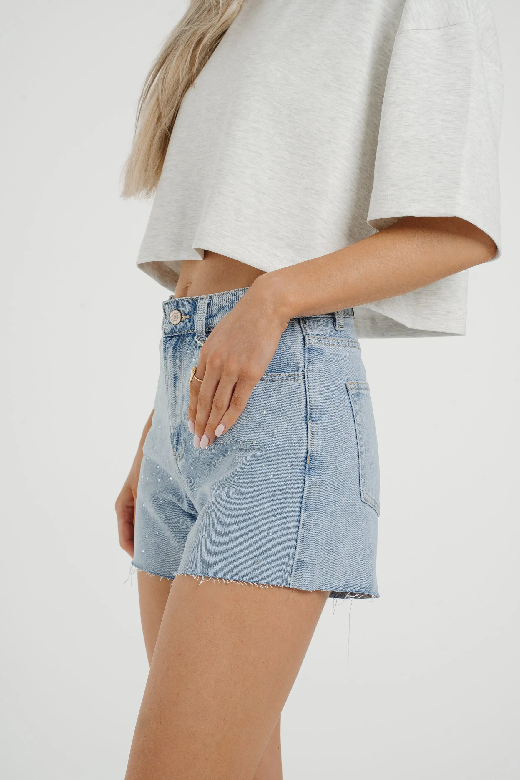 Cindy Diamante Shorts In Light Wash