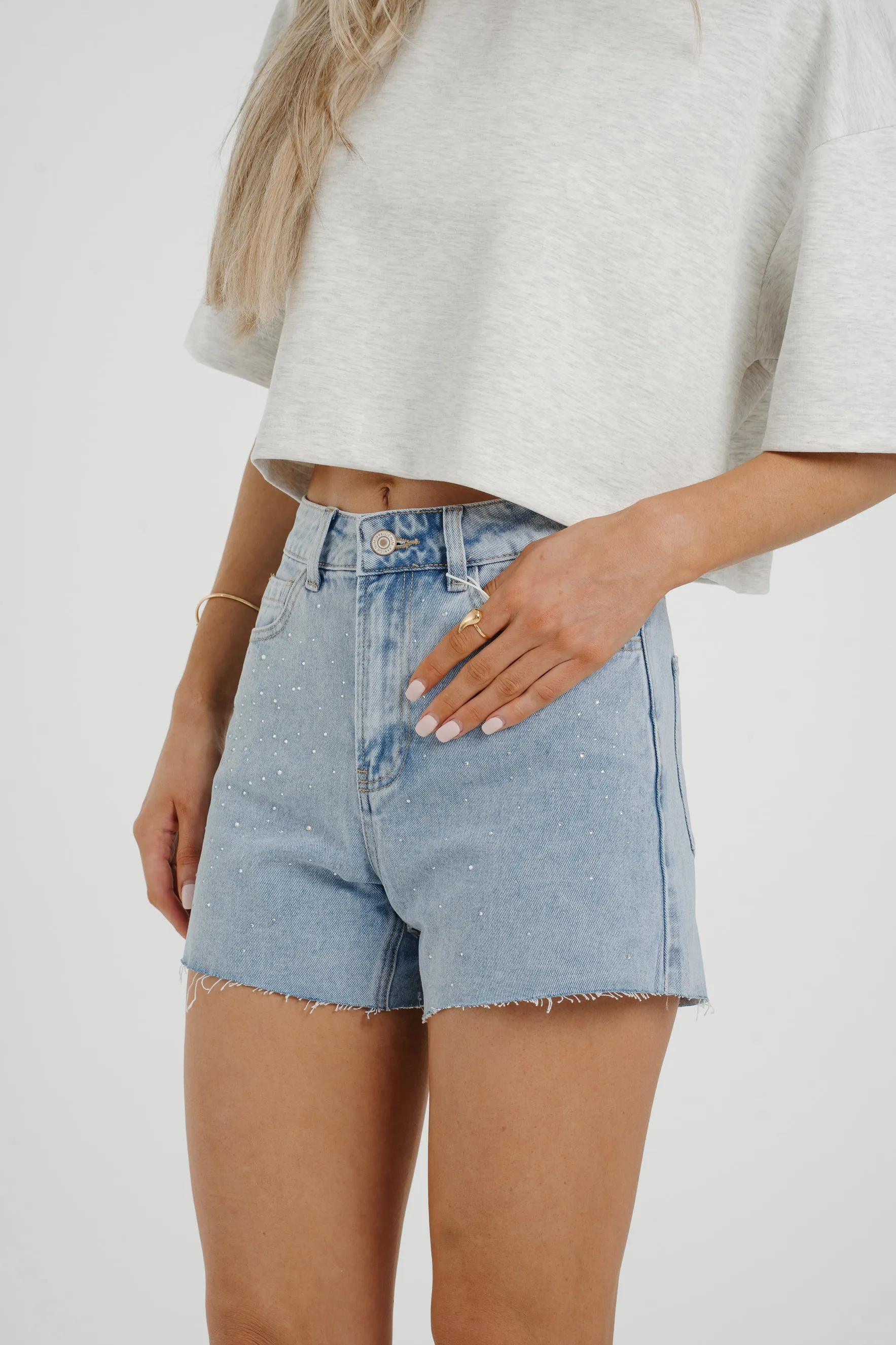 Cindy Diamante Shorts In Light Wash