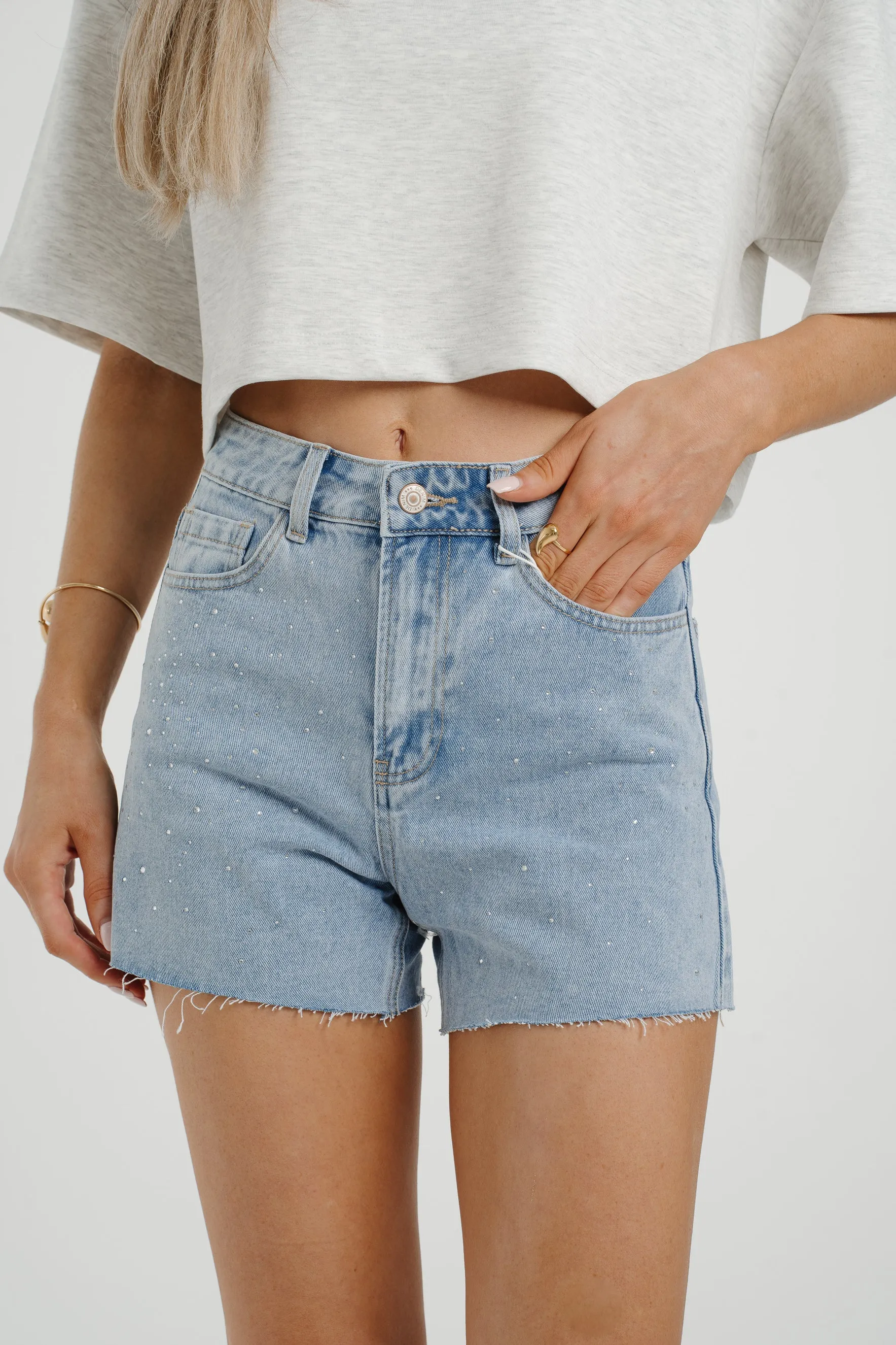 Cindy Diamante Shorts In Light Wash