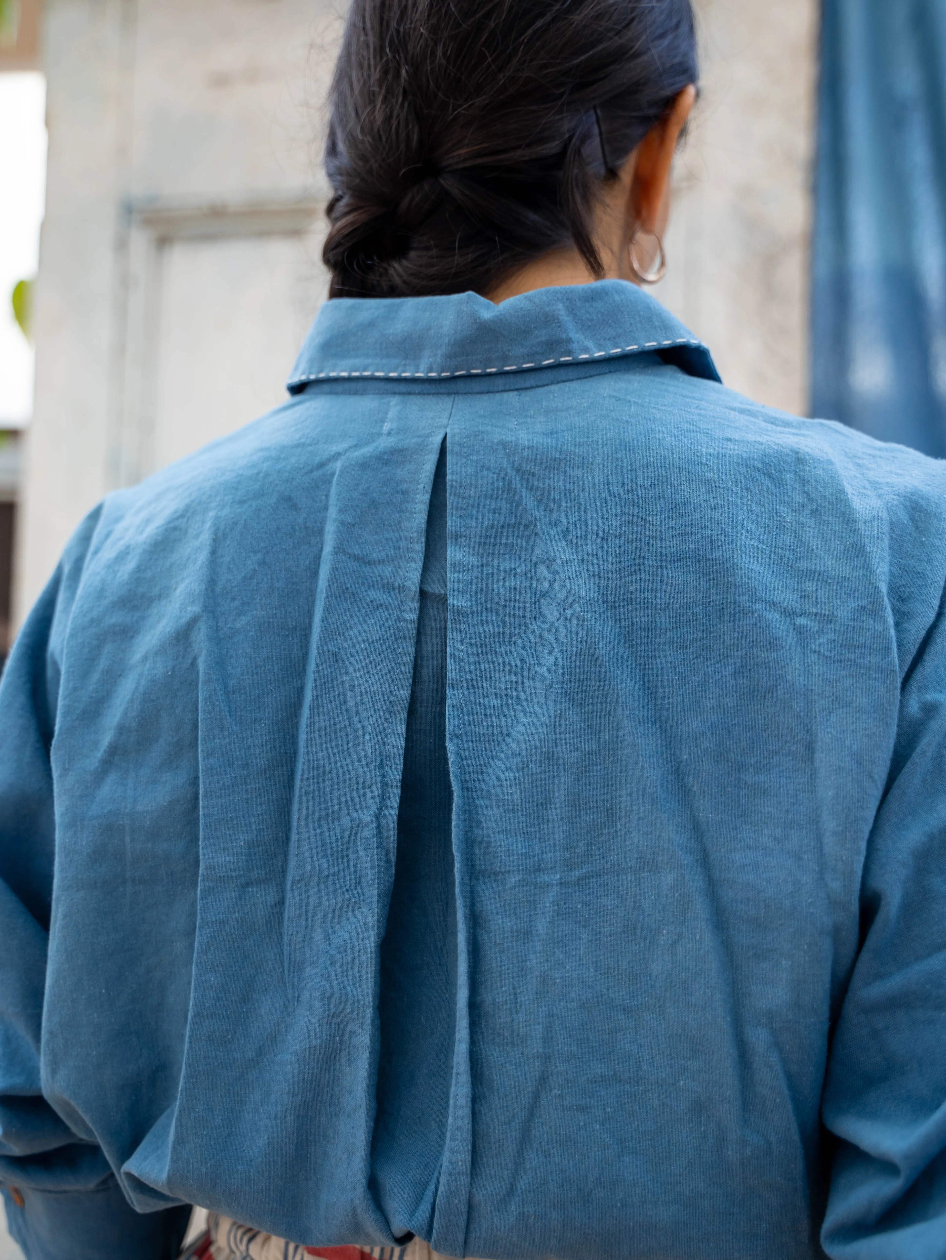 Crop Shirt Jacket - Indigo with White Stitching