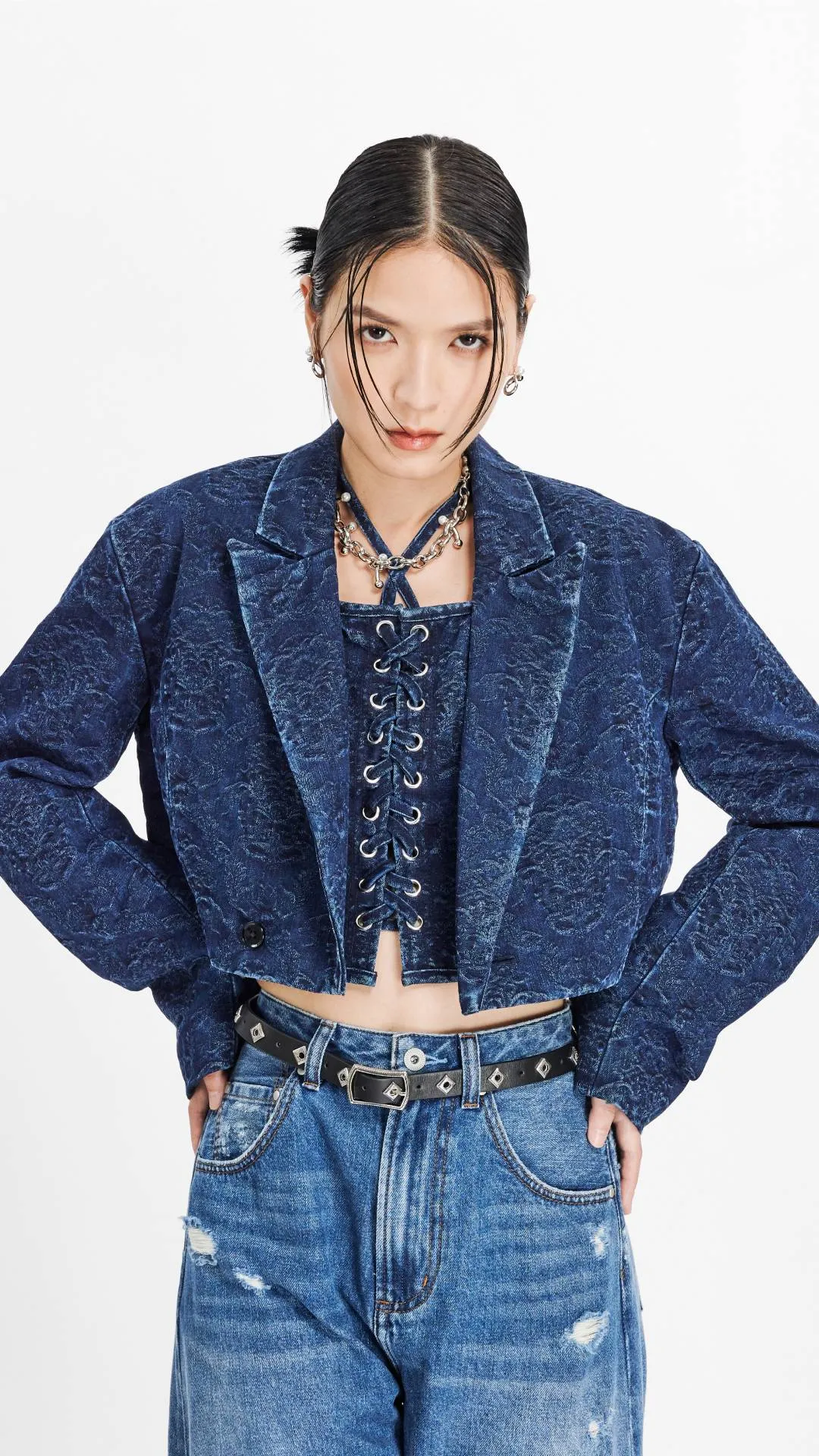 Cropped Jacquard Denim Blazer