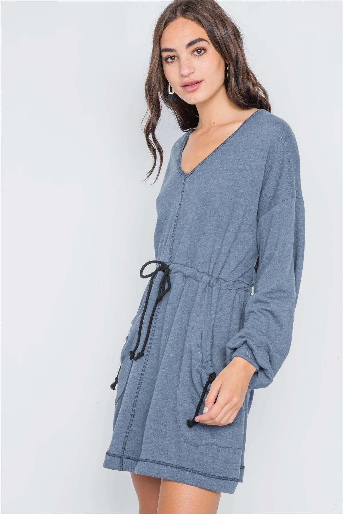 Denim blue knit long sleeve sweater dress