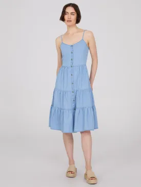 Denim Button-Front Tiered Dress