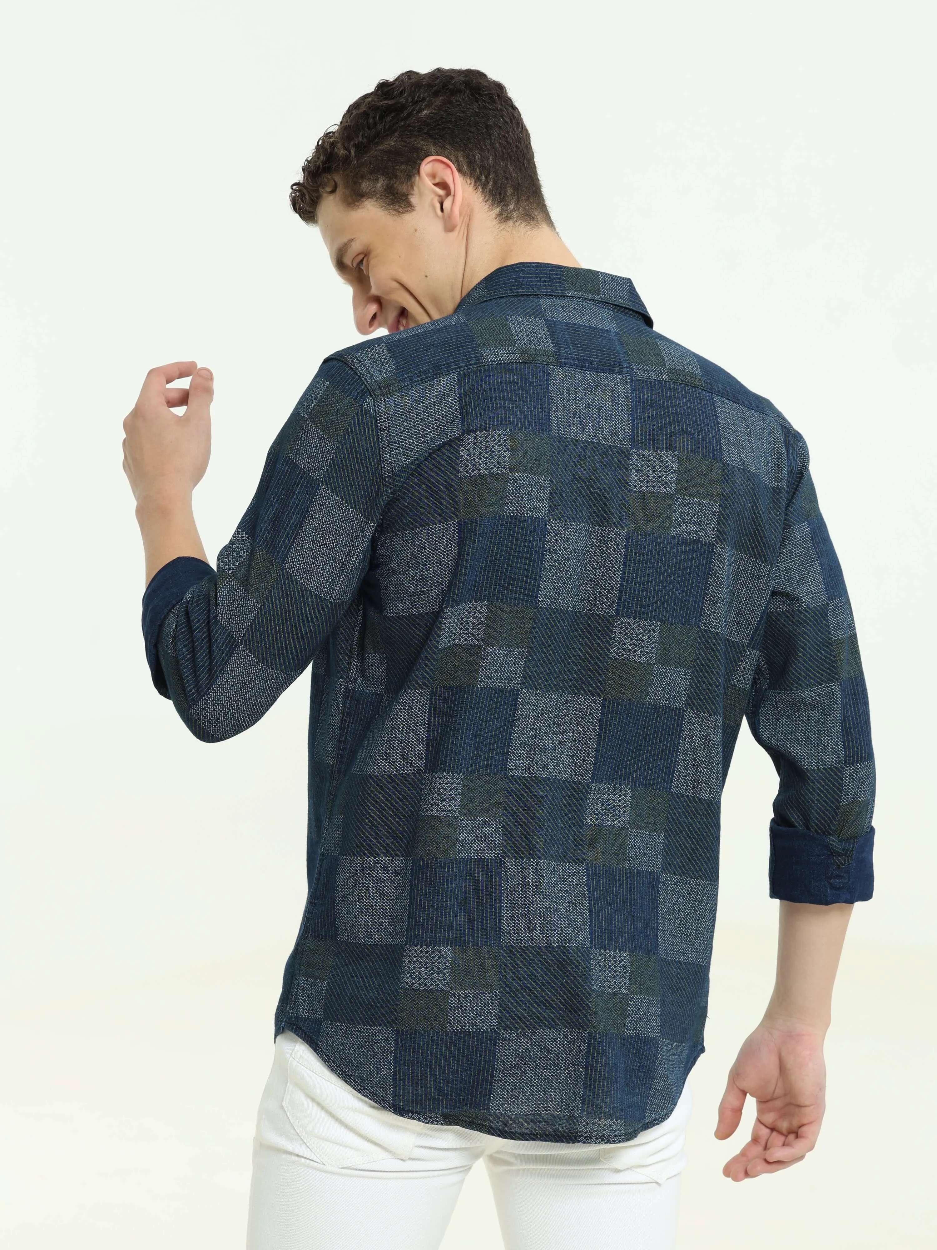 Denim multi blocked check casual shirt