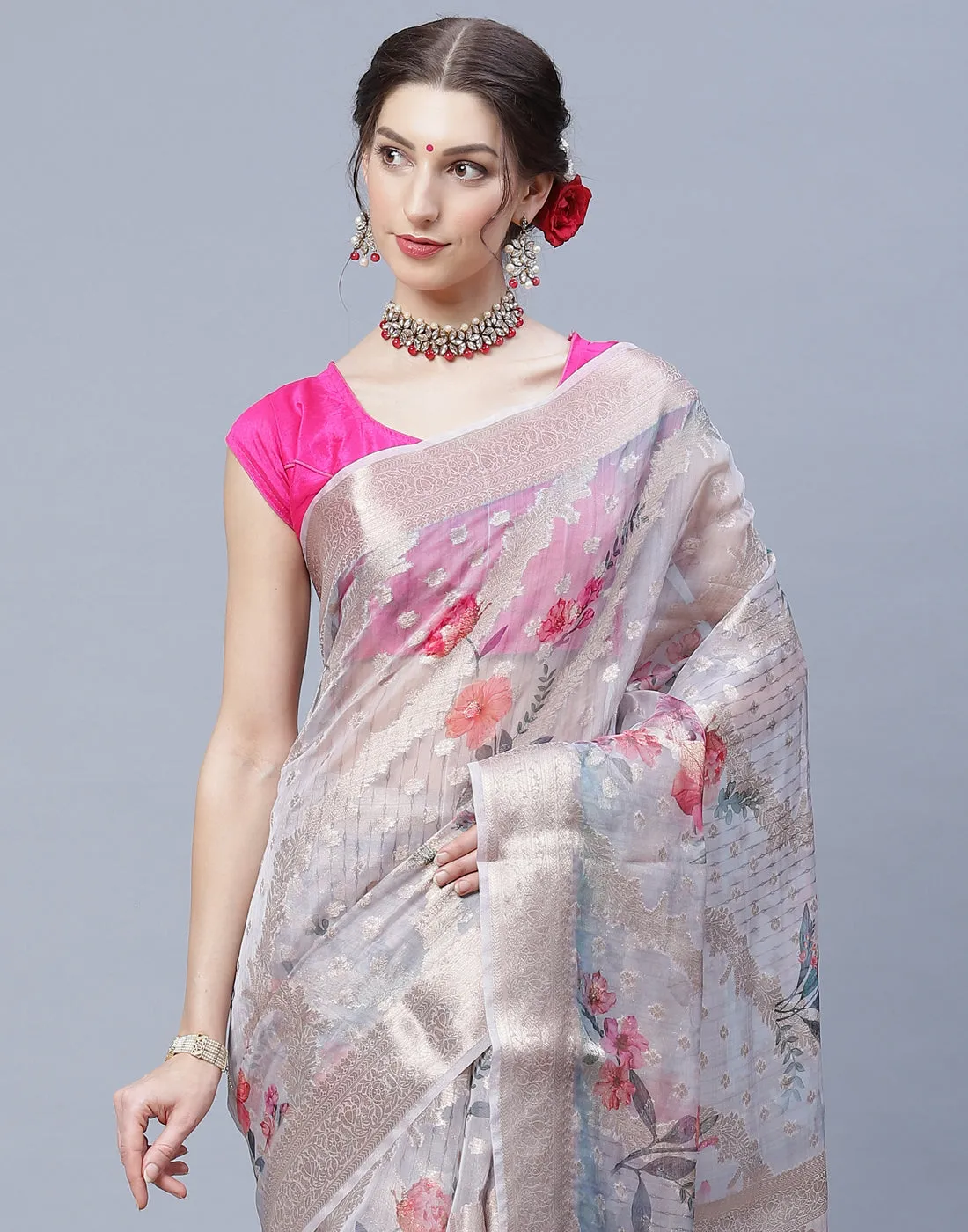 Digital Floral Printed Organza Saree