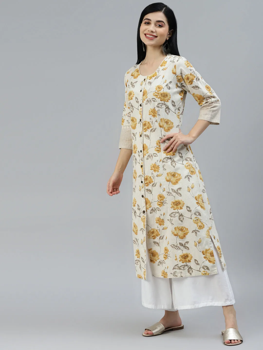 Divena Floral Print Yellow Cotton A-line Kurta