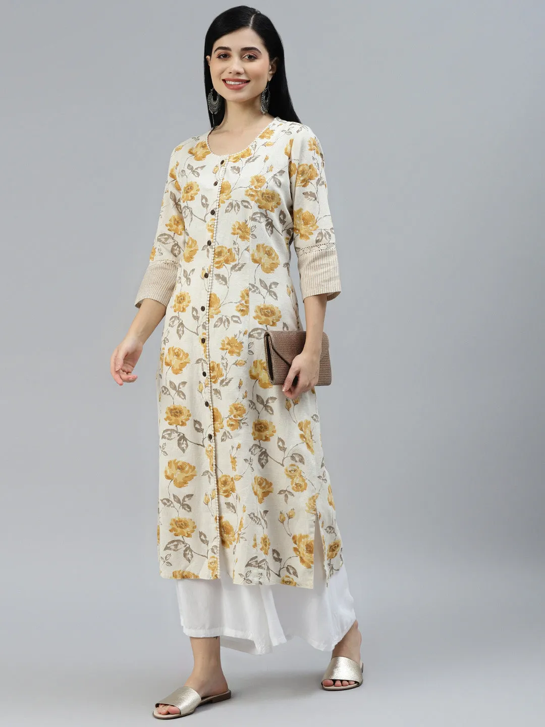 Divena Floral Print Yellow Cotton A-line Kurta