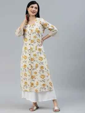 Divena Floral Print Yellow Cotton A-line Kurta