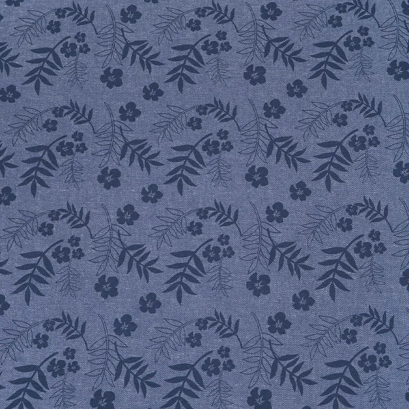 Dressmaking Cotton Indigo Dyed Chambray - Blue - Navy Flower