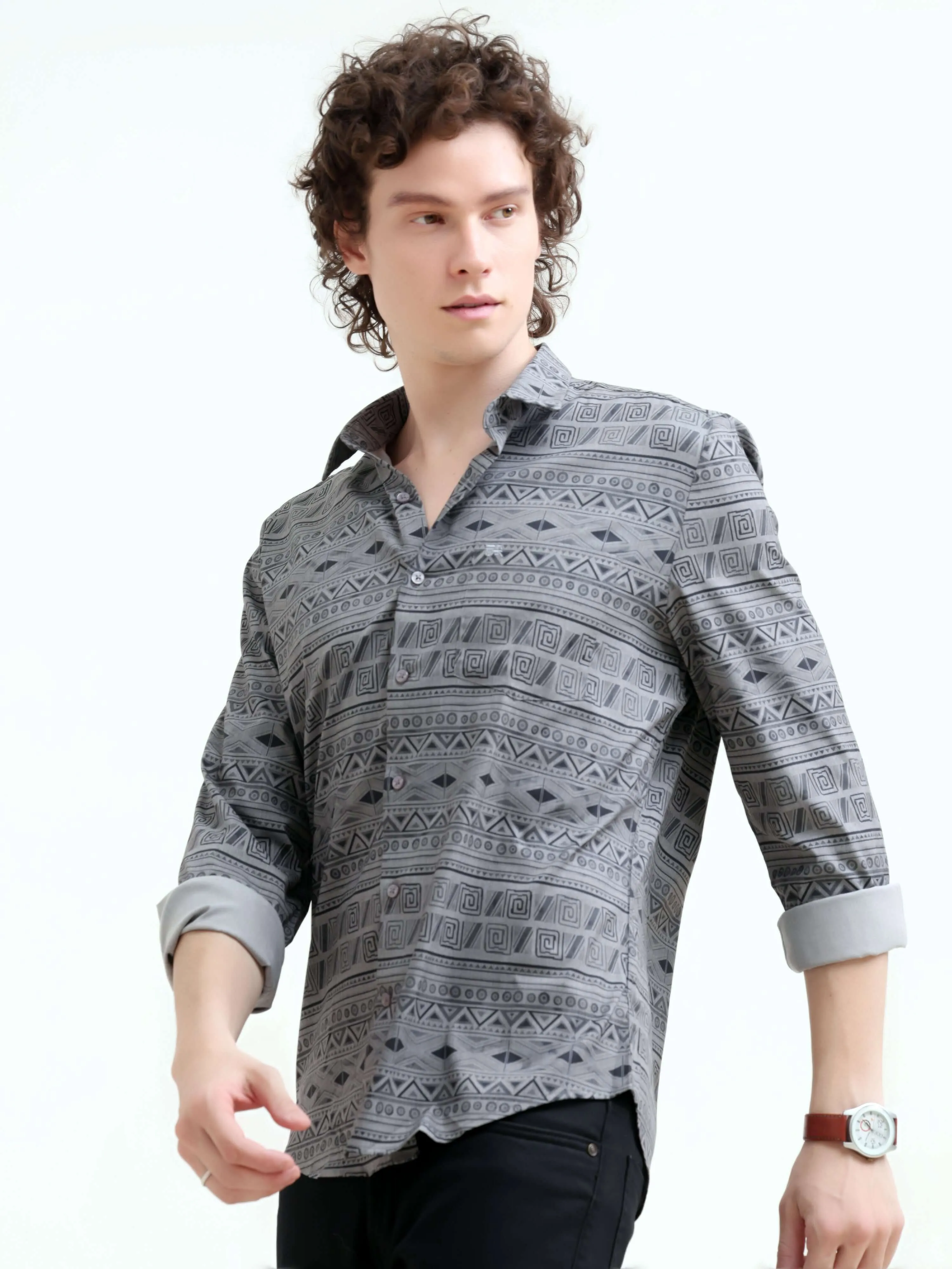 Dusky gray trib geometric printed shirt