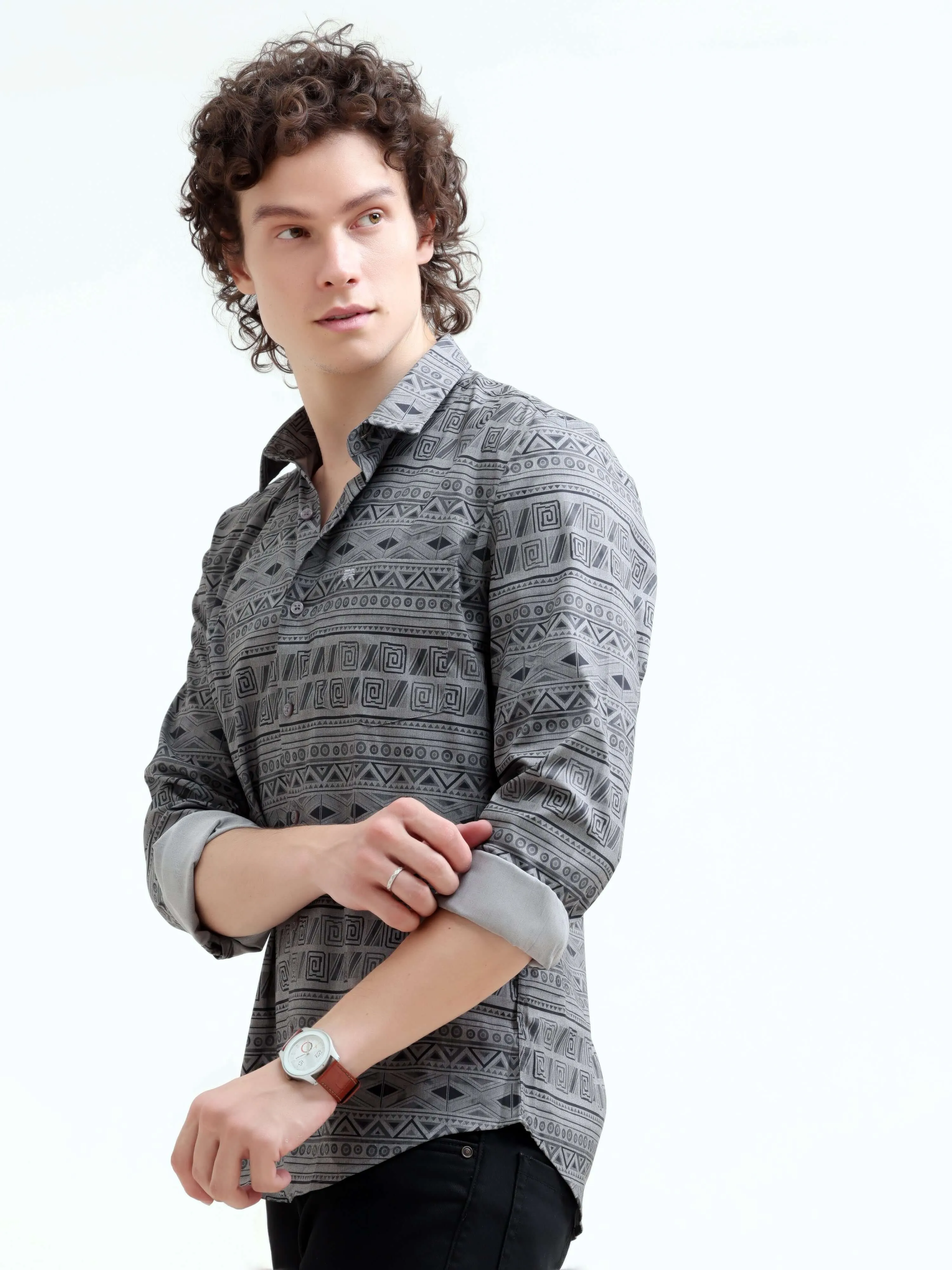 Dusky gray trib geometric printed shirt