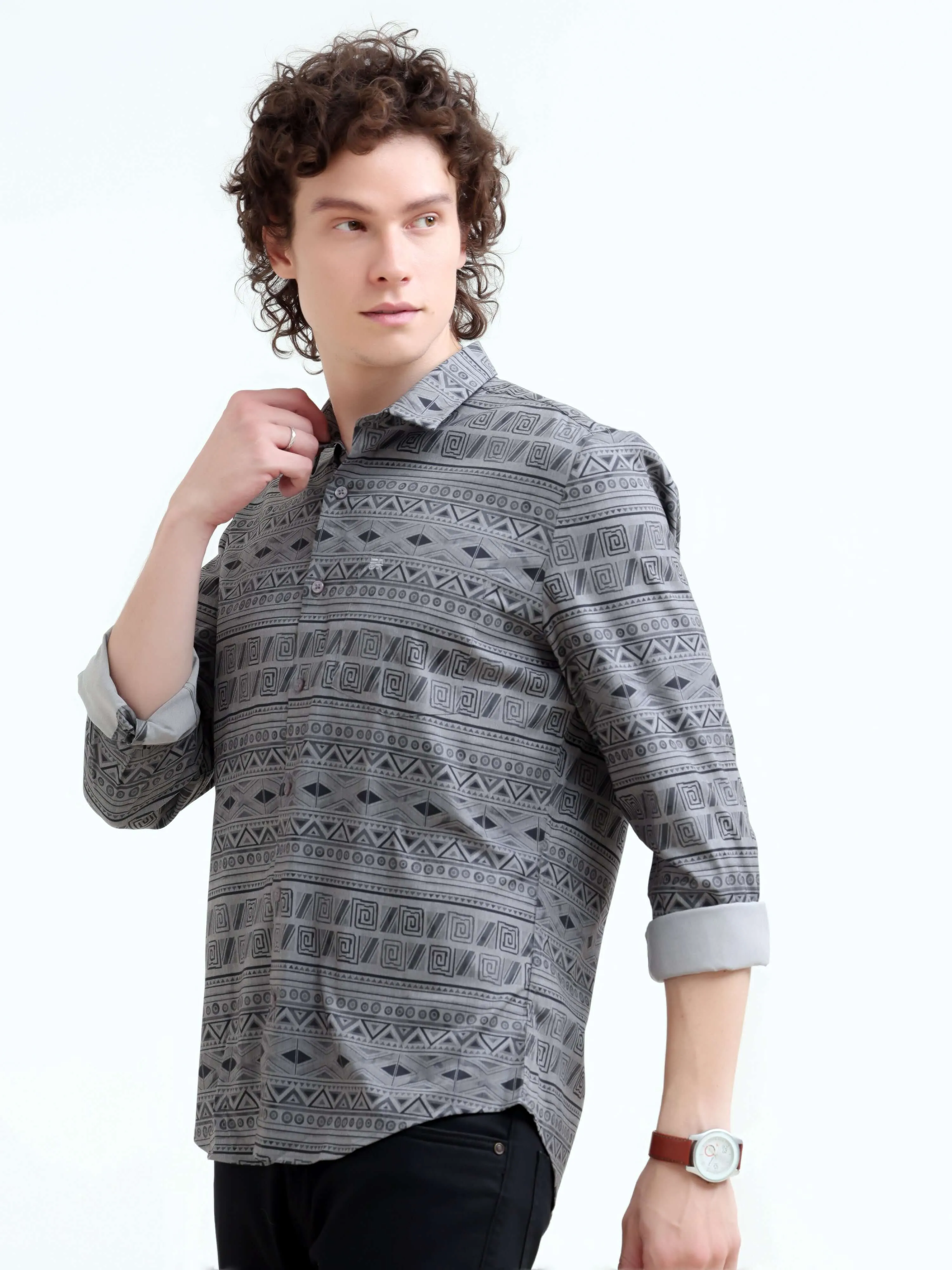 Dusky gray trib geometric printed shirt