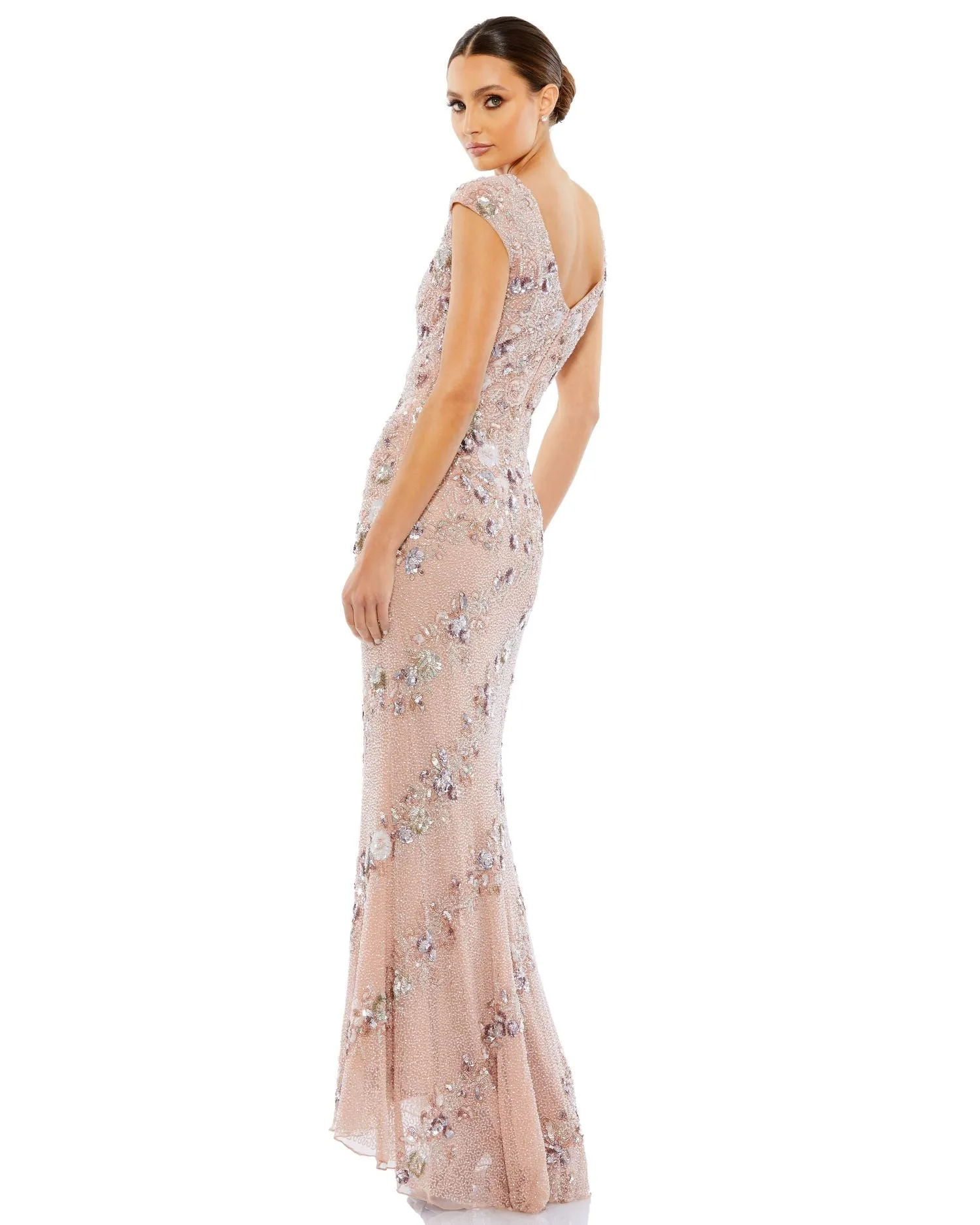 Embellished Bateau Neck Cap Sleeve Gown