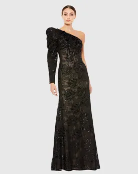 Embellished One Puff Sleeve Trumpet Gown