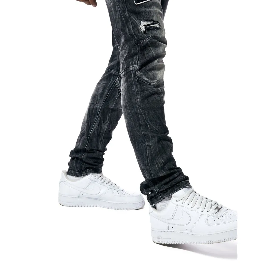 Embroidered Patched Racing Denim Jeans - Moon Black