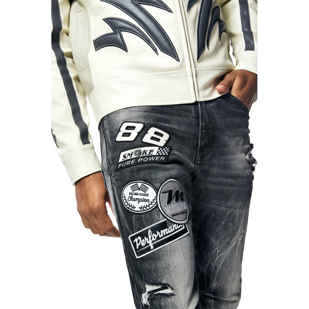 Embroidered Patched Racing Denim Jeans - Moon Black