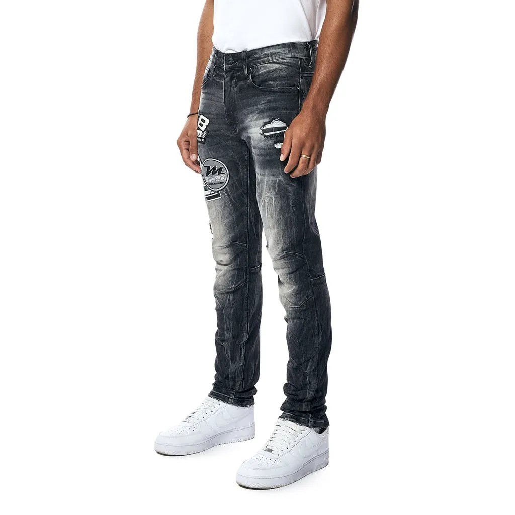 Embroidered Patched Racing Denim Jeans - Moon Black