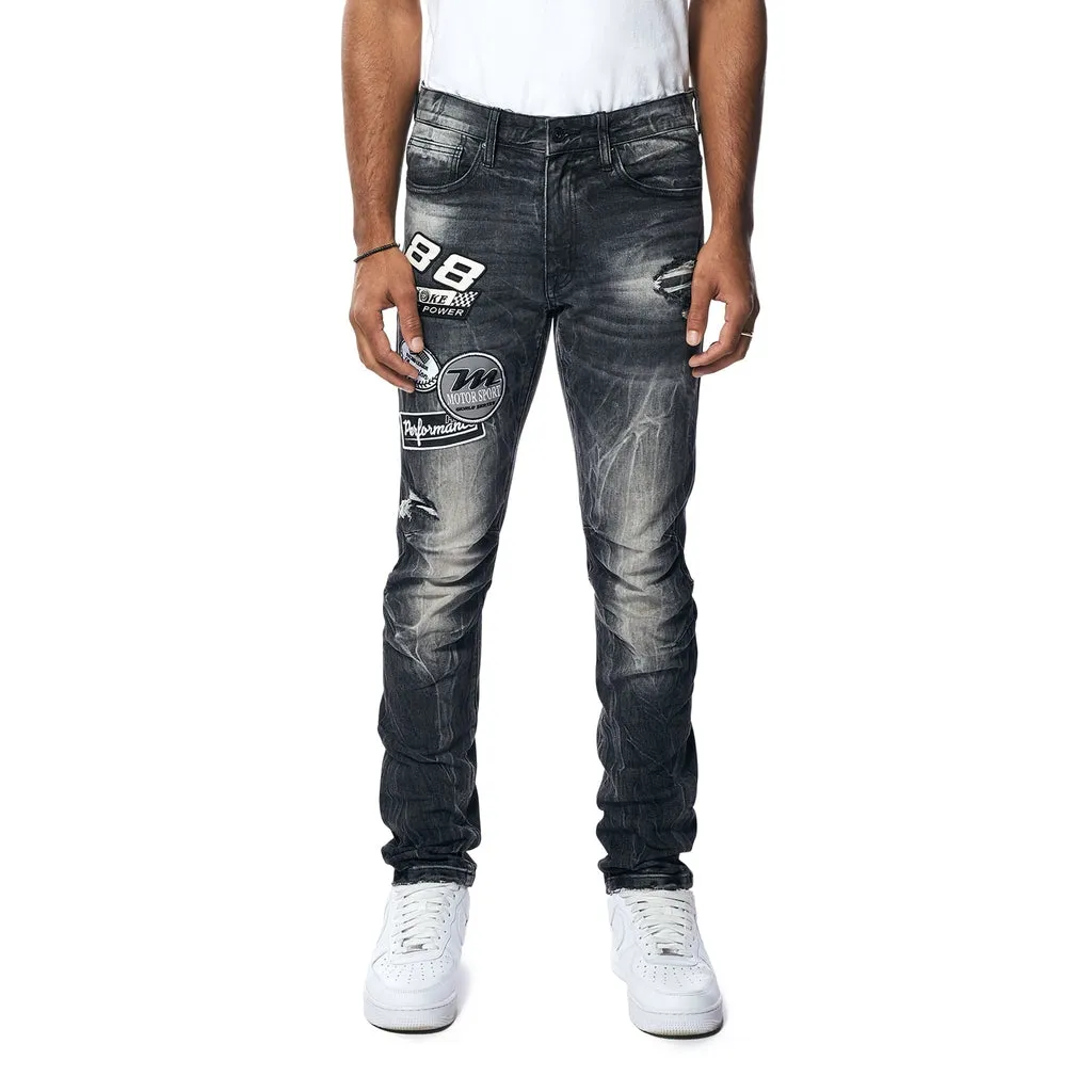 Embroidered Patched Racing Denim Jeans - Moon Black