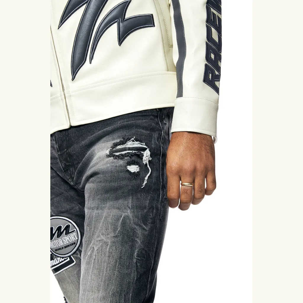 Embroidered Patched Racing Denim Jeans - Moon Black