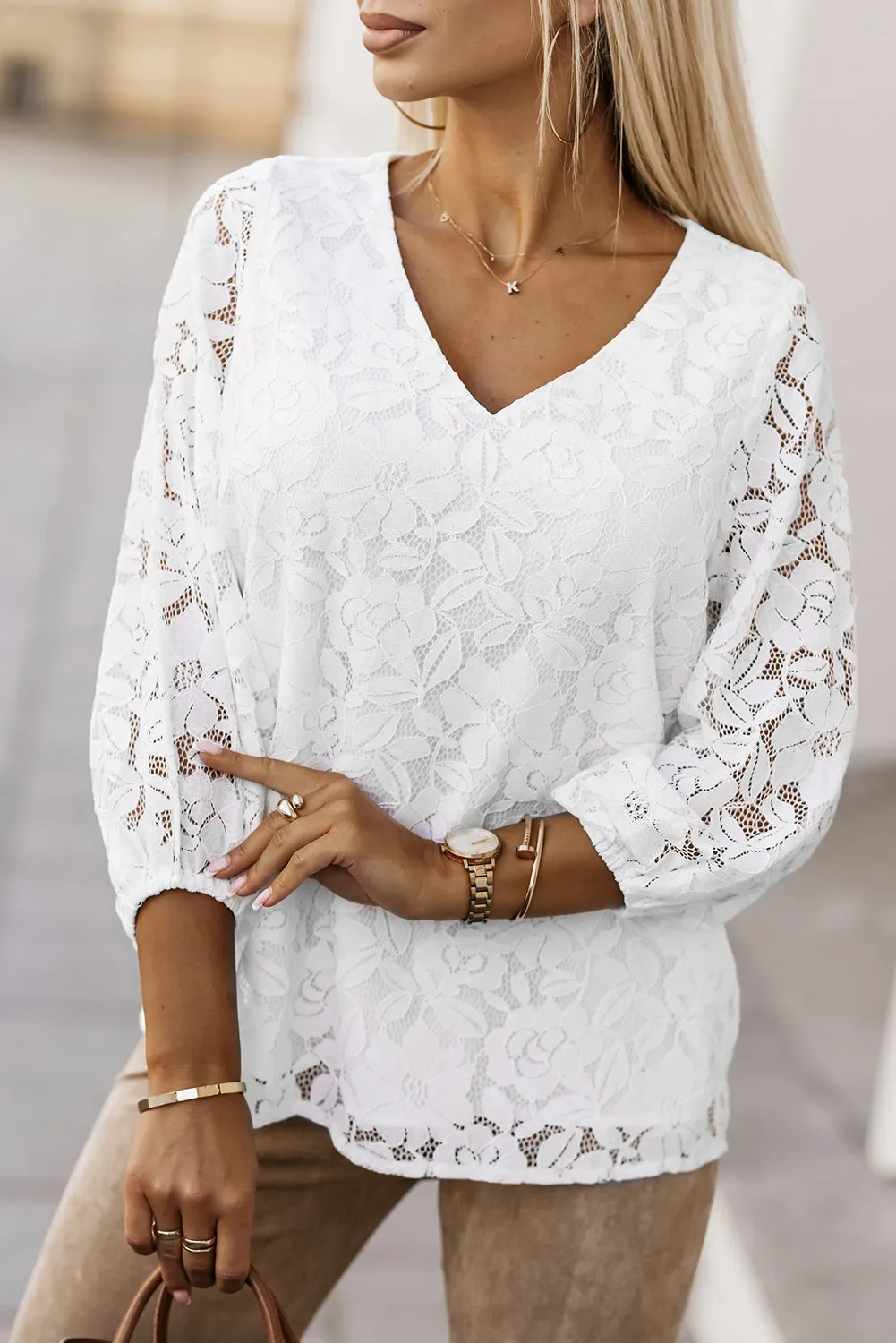 Floral Lace Fit V Neck Top