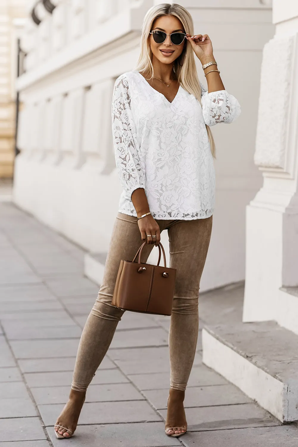 Floral Lace Fit V Neck Top