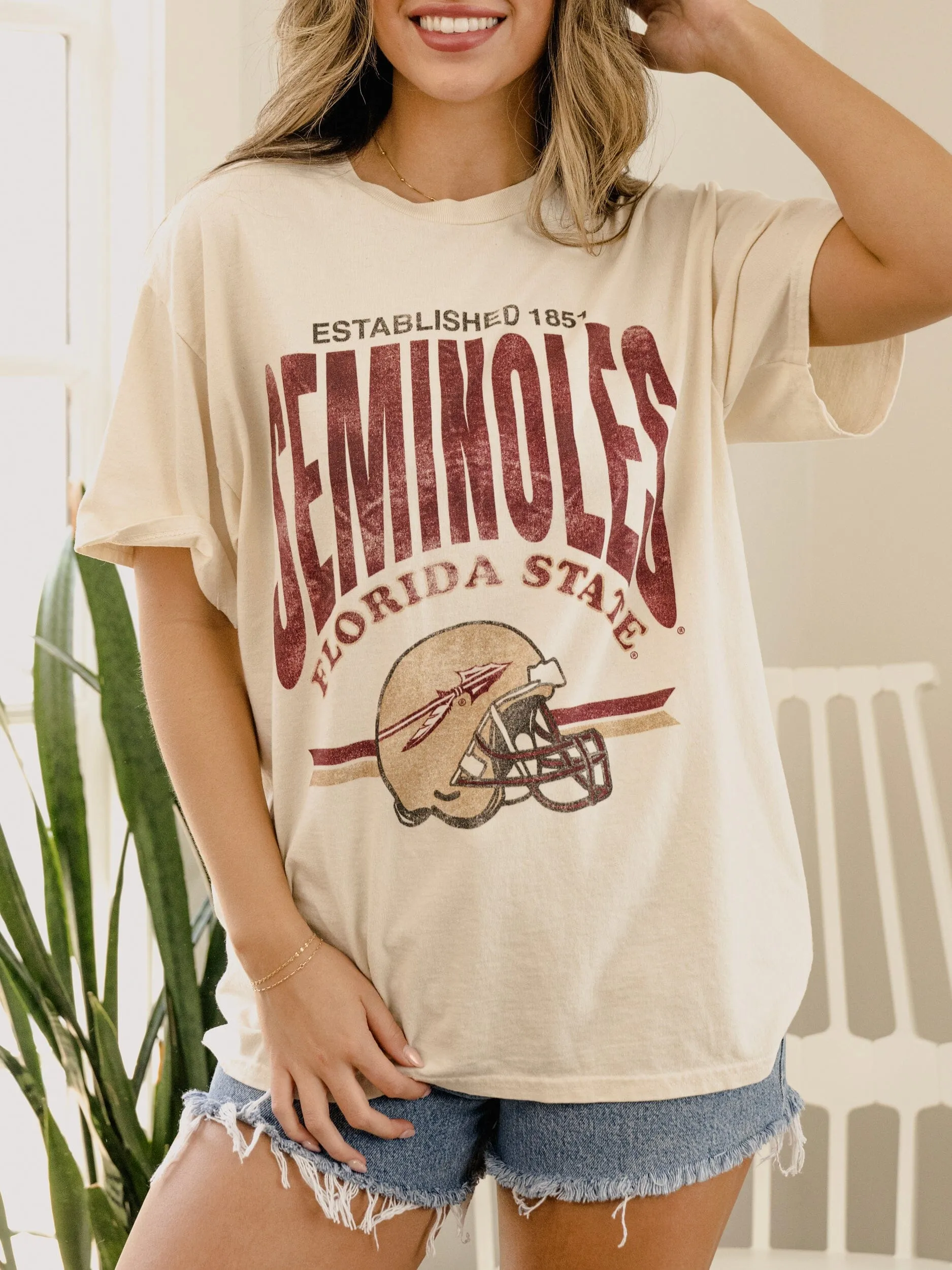 FSU Seminoles Established Date Helmet Off White Thrifted Tee