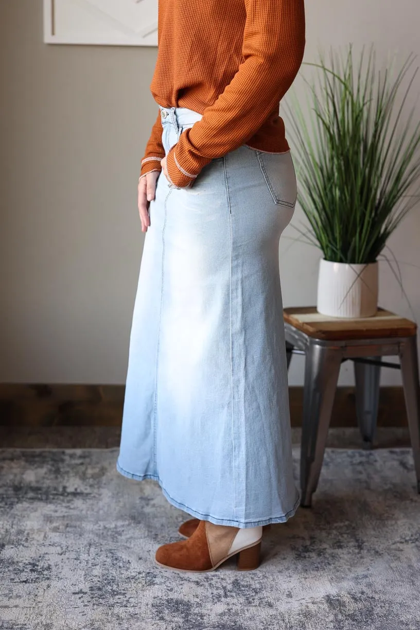 Grace Light Wash Long Denim Skirt