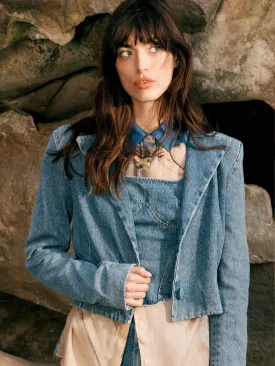 GRACE - Veste cropped à épaulettes en denim délavé Oeko-Tex Bleu