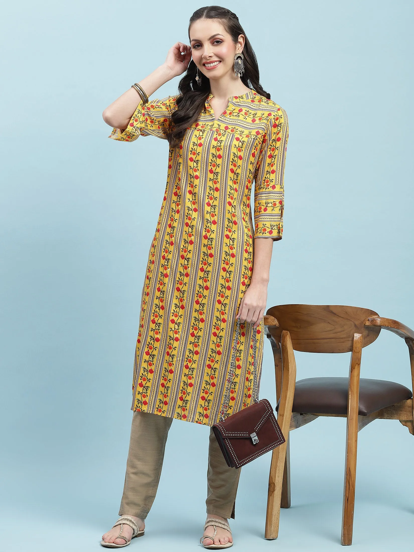 Indiessence Yellow Floral Printed Kurta