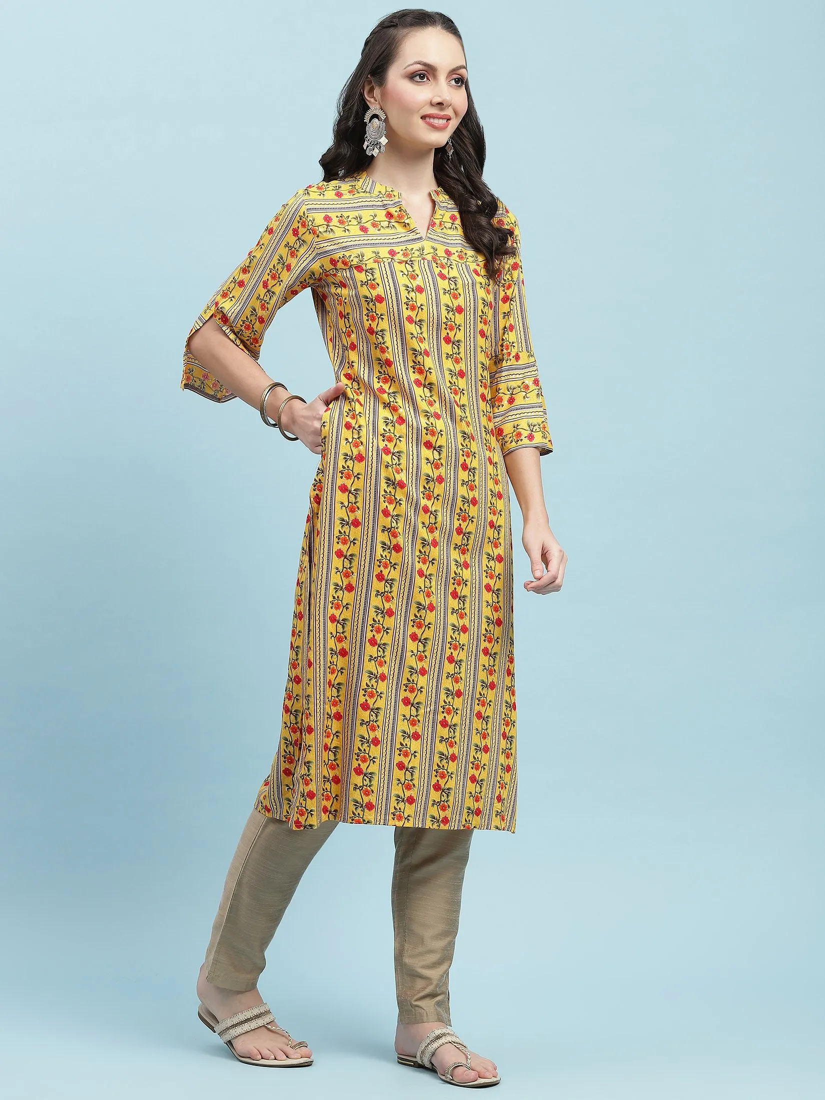 Indiessence Yellow Floral Printed Kurta