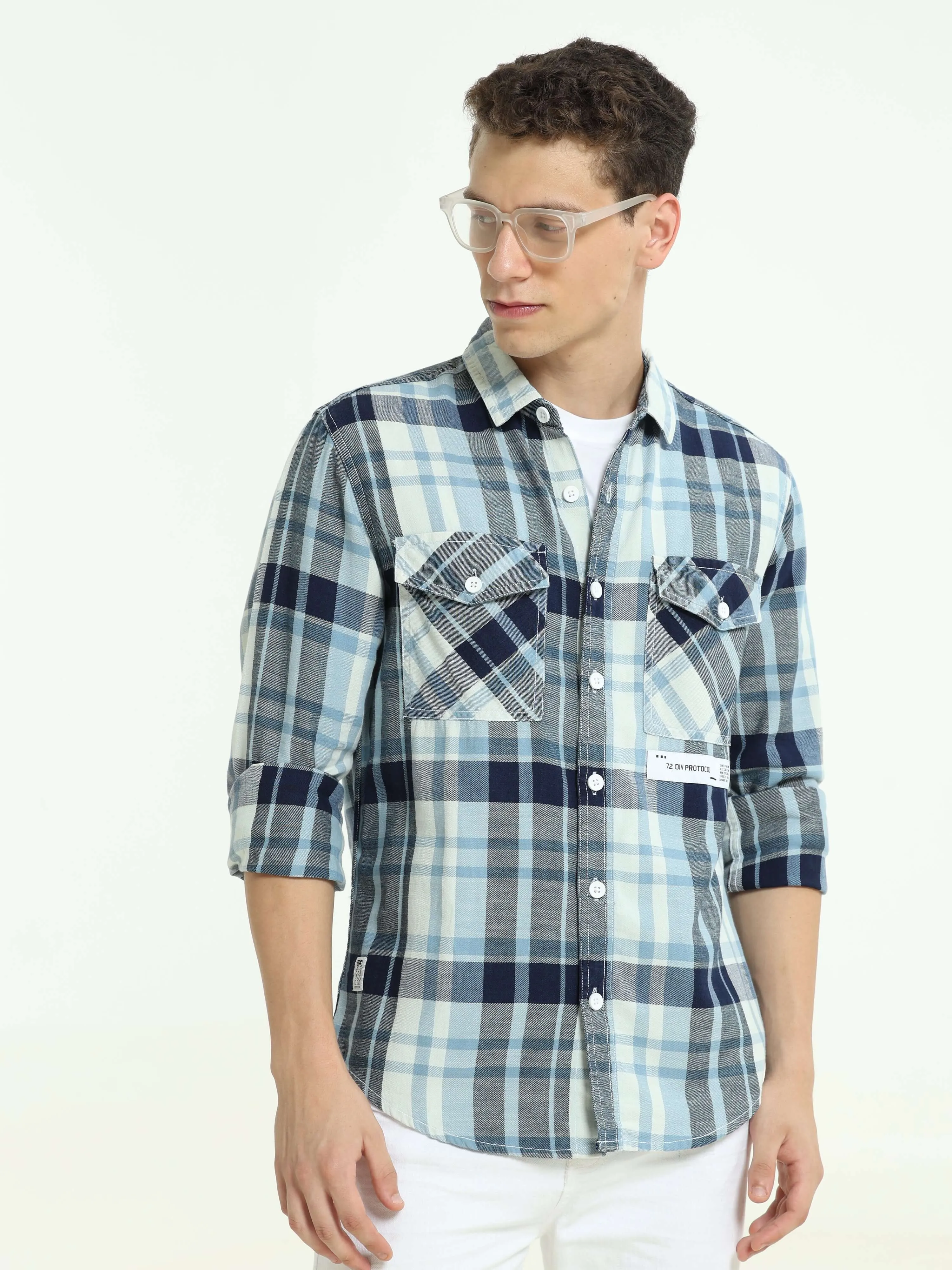 Indigo check double pocket shirt