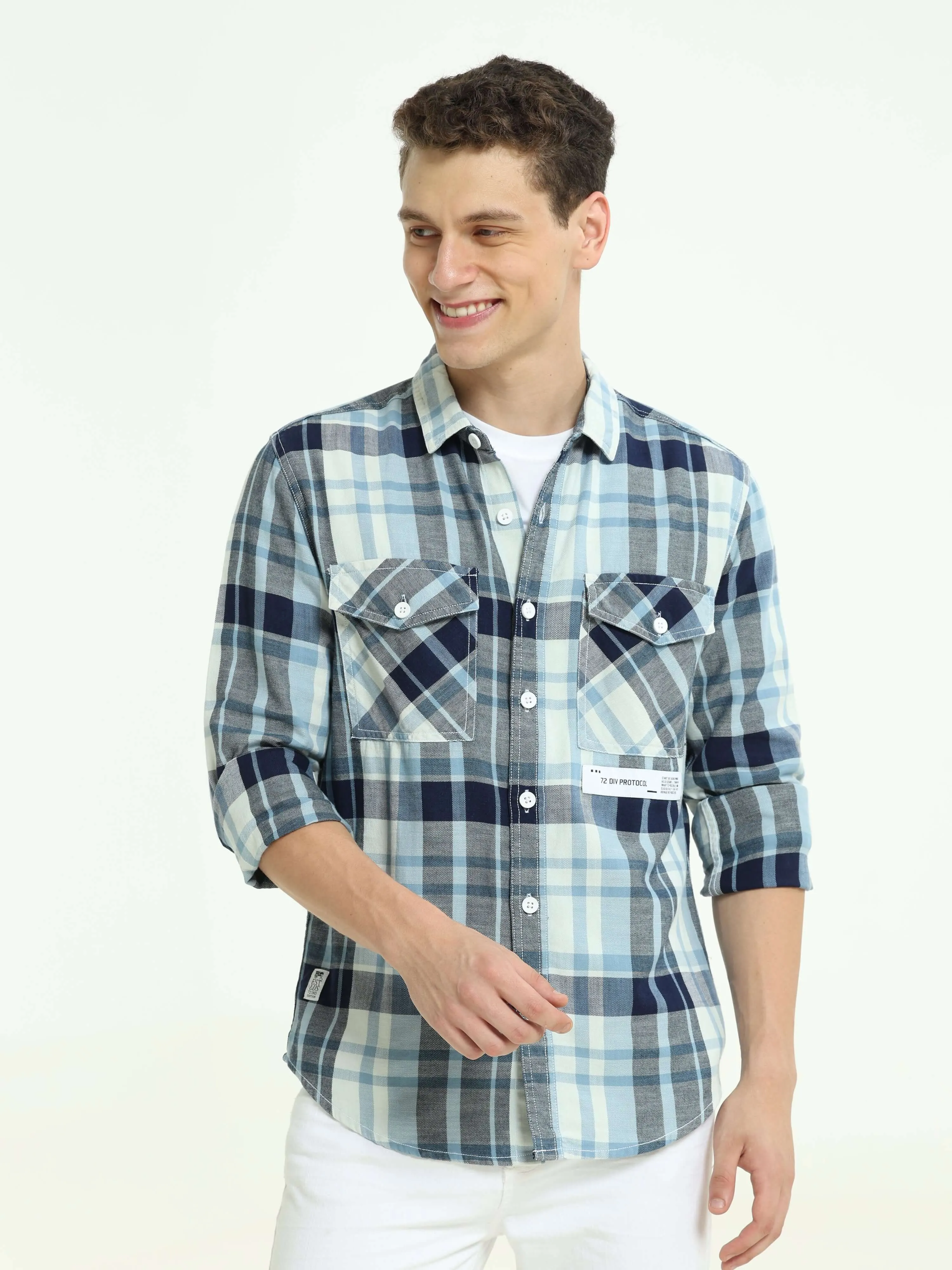 Indigo check double pocket shirt