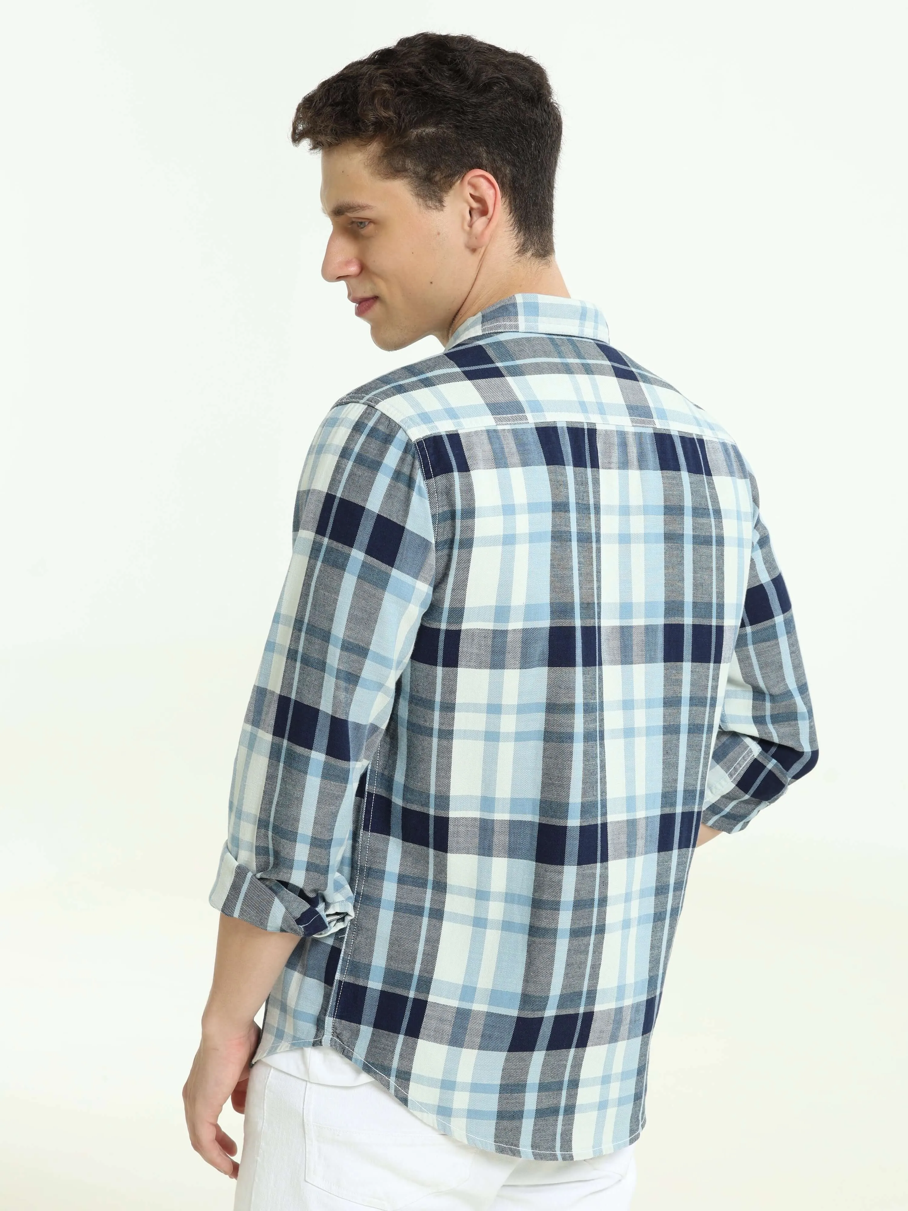 Indigo check double pocket shirt