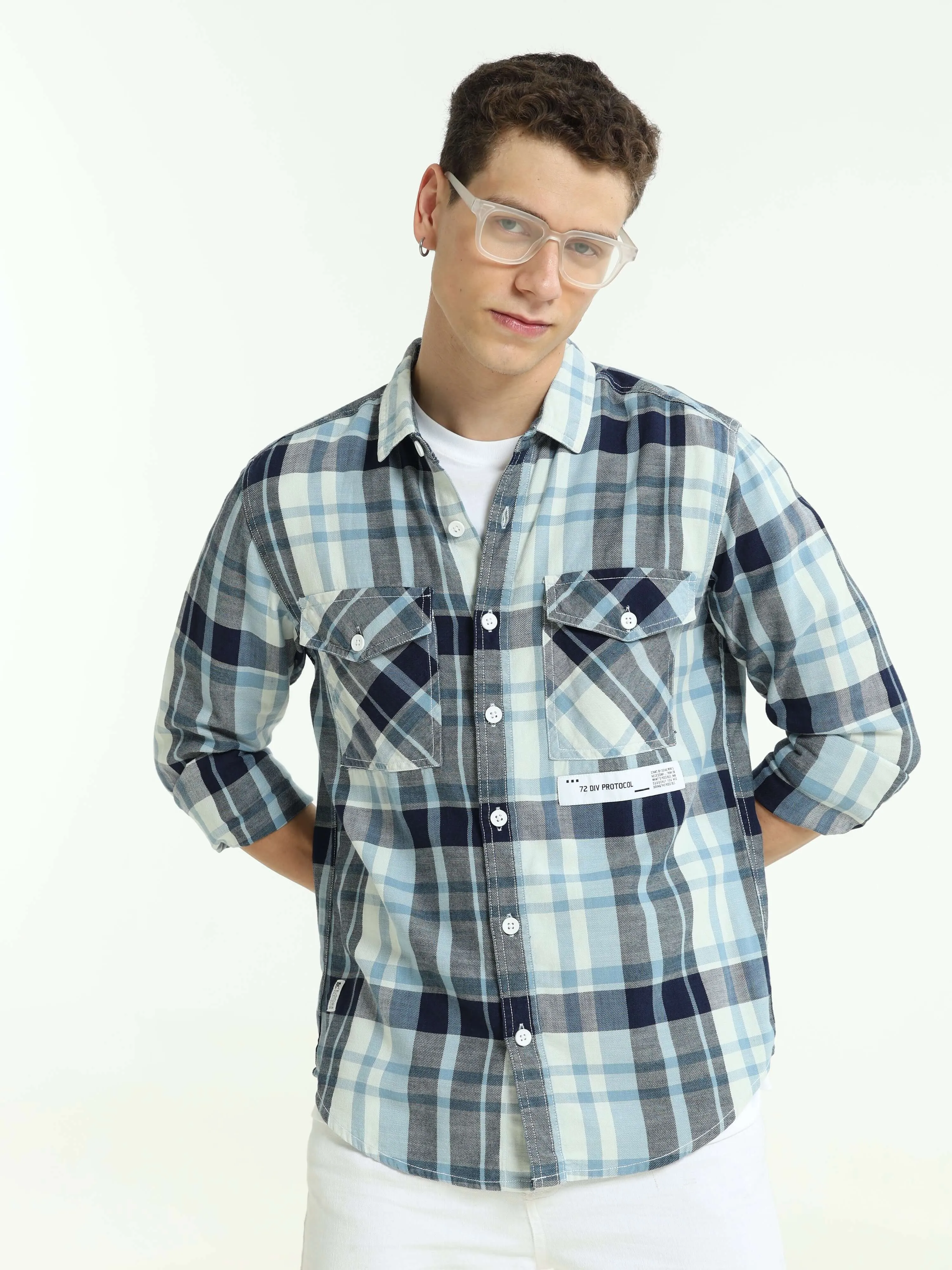 Indigo check double pocket shirt