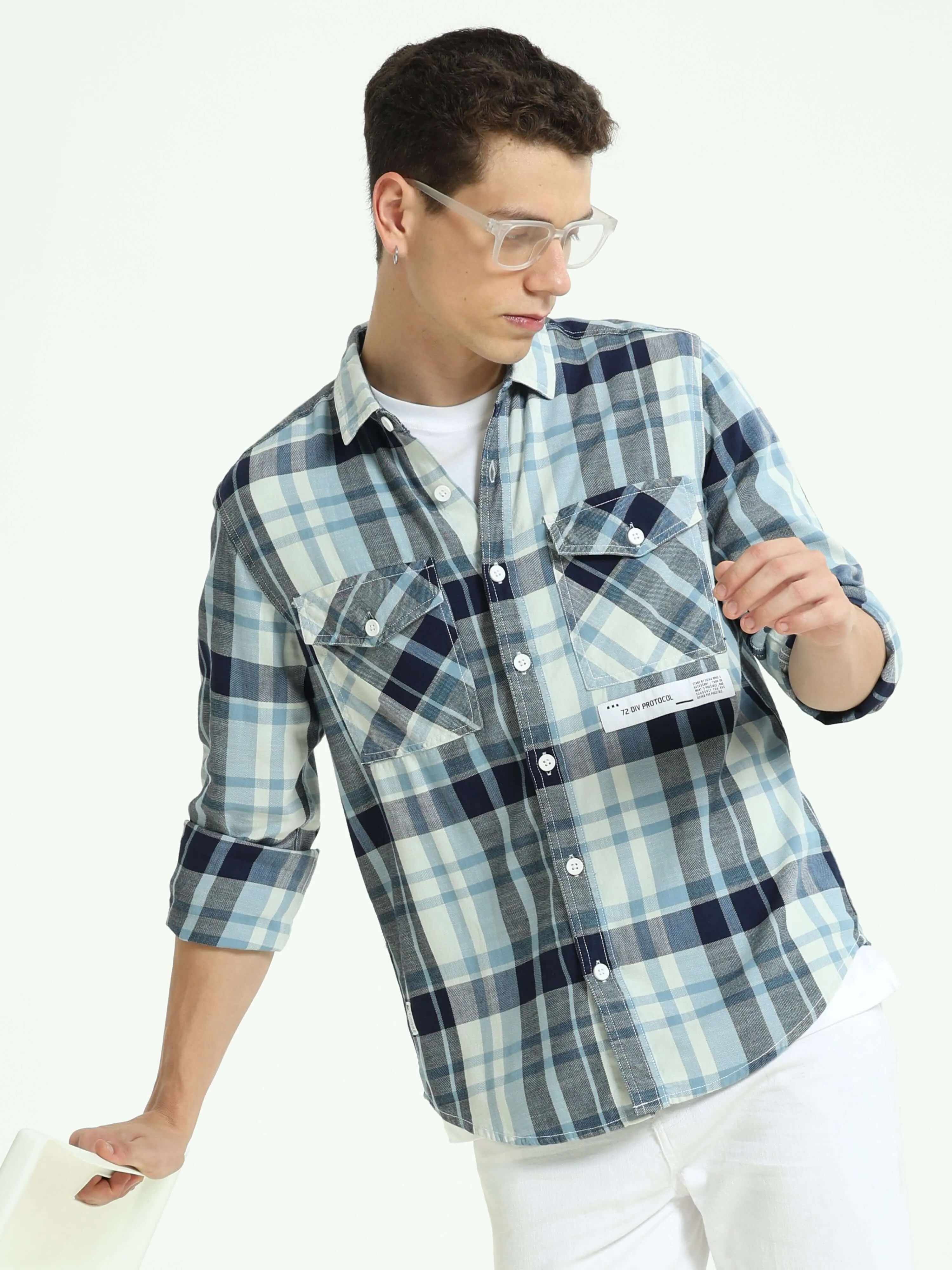 Indigo check double pocket shirt