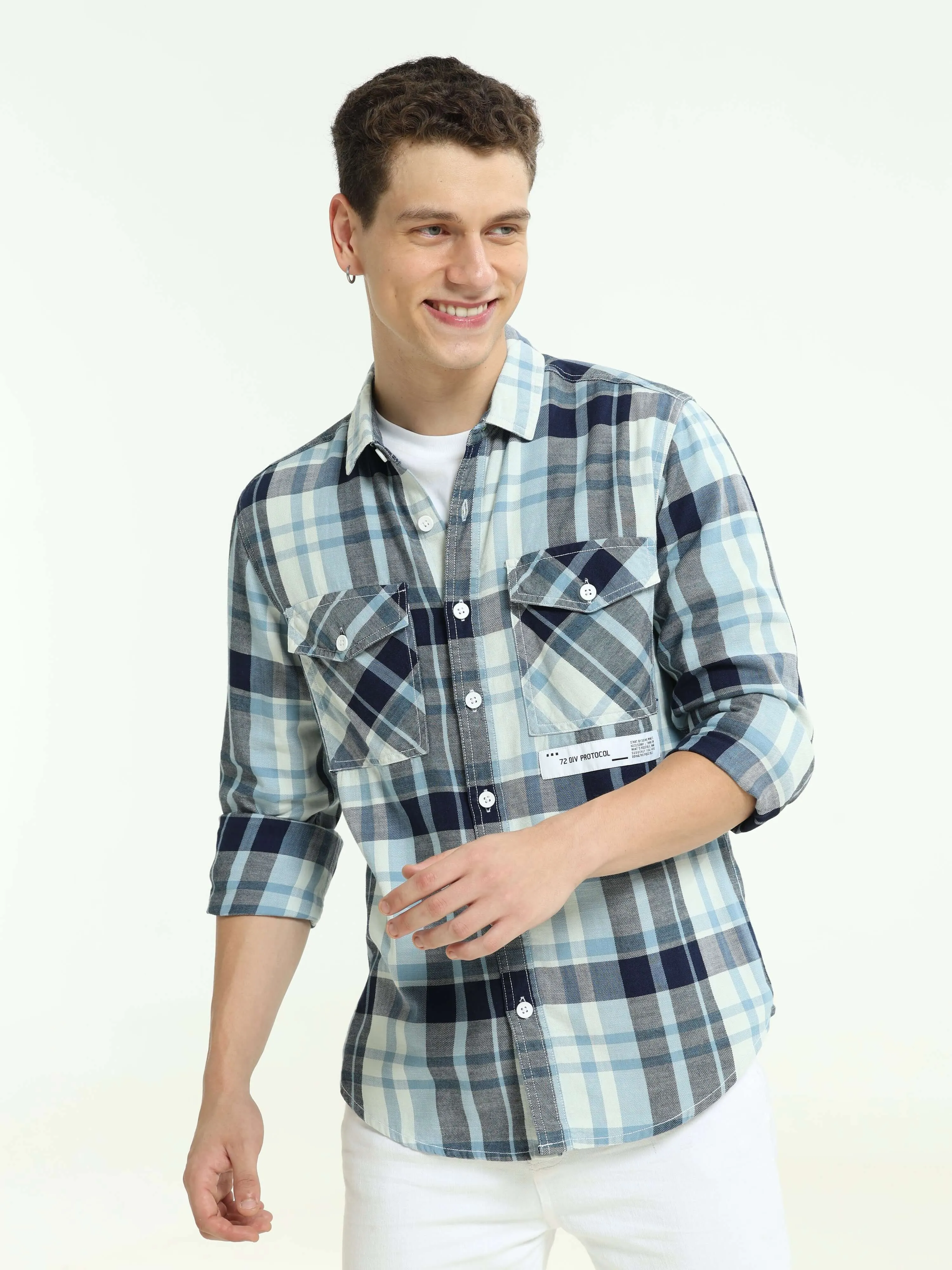 Indigo check double pocket shirt