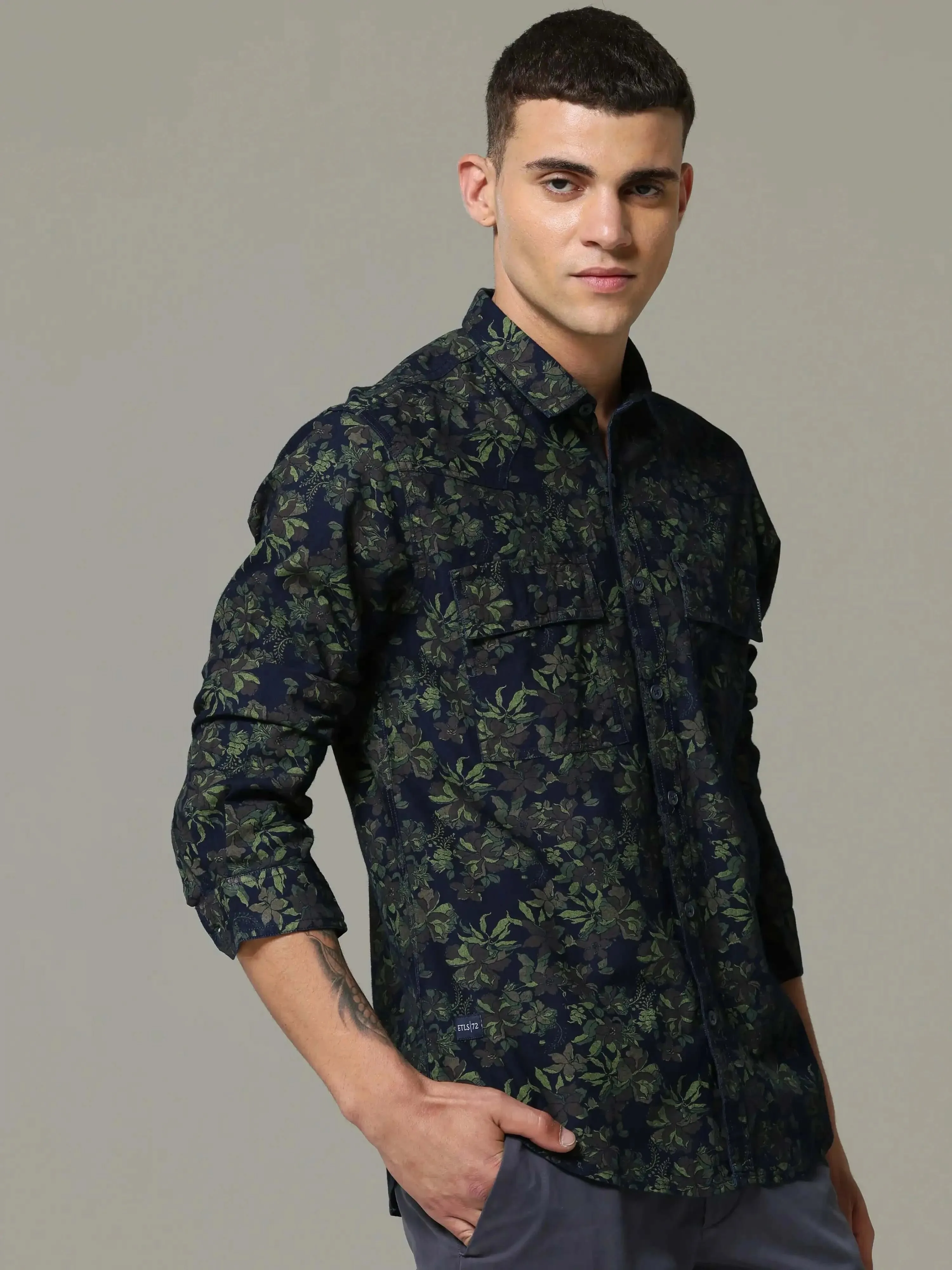 Indigo navy floral printed full sleeve casual shirt