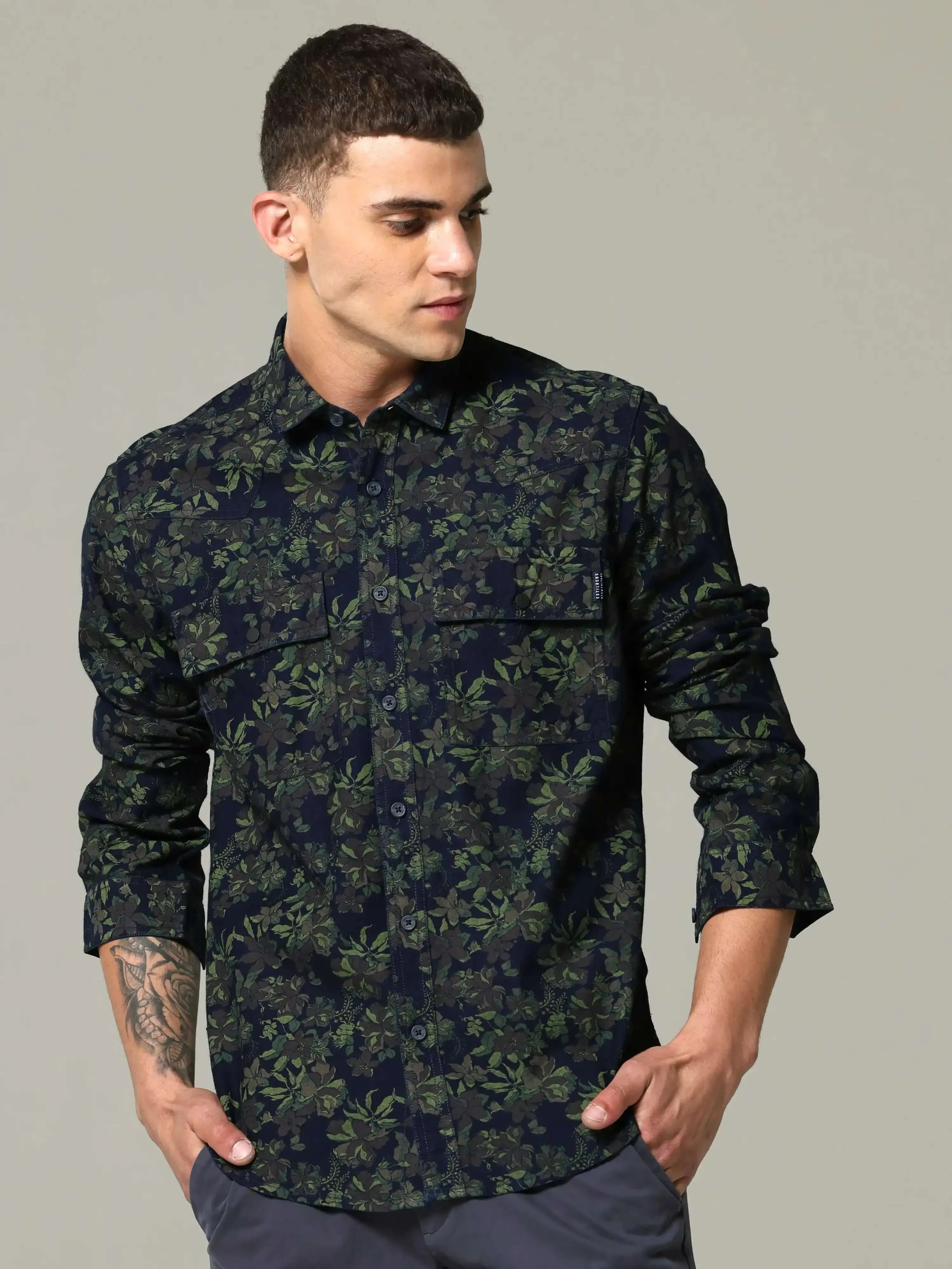 Indigo navy floral printed full sleeve casual shirt