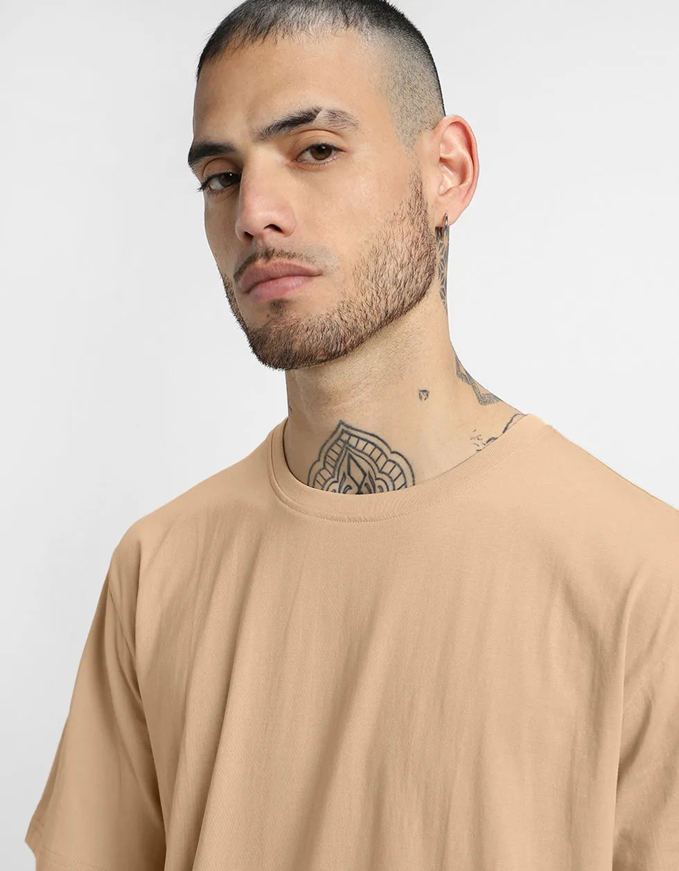 INNER IMAGE Beige Oversized Back Graphic Printed Tshirt