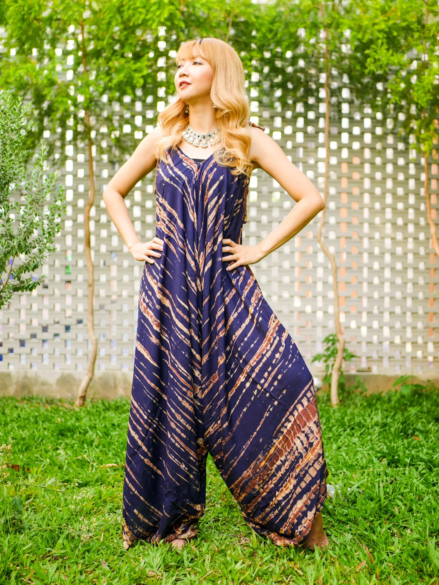 J0471- Hand Dyed Wide Leg Boho Hippie Jumpsuits Rompers Pants with Pockets