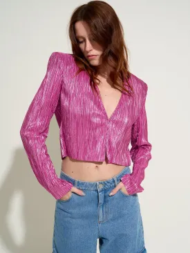 JONES - Veste cropped à épaulettes en tissu plissé effet métallisé Fuchsia