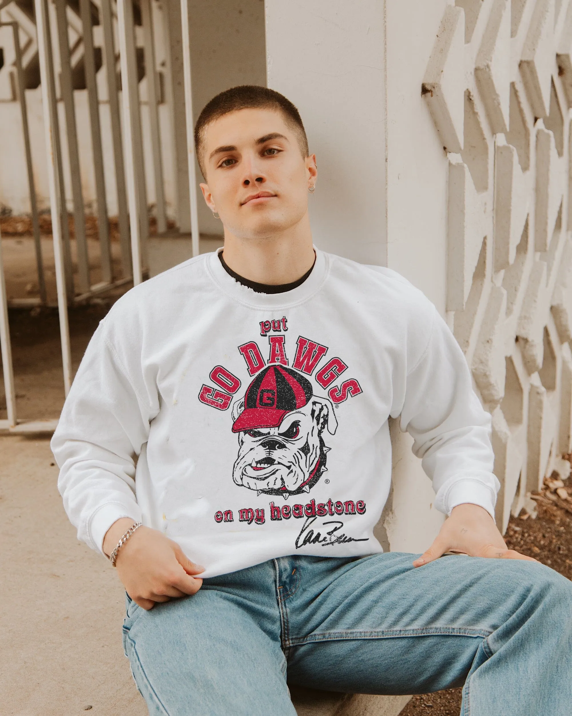 Kane Brown UGA Go Dawgs Headstone White Thrifted Sweatshirt