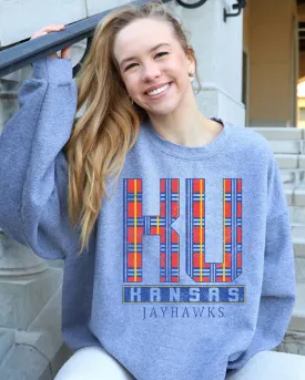 KU Jayhawks Preppy Plaid Gray Thrifted Sweatshirt