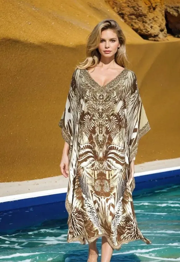 Long Silk Embellished Kaftan leopard