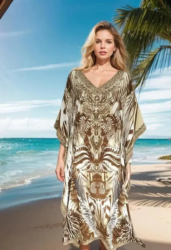 Long Silk Embellished Kaftan leopard