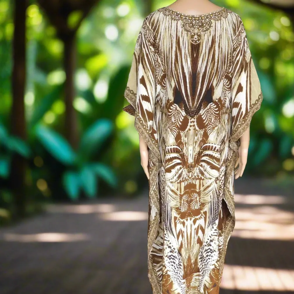 Long Silk Embellished Kaftan leopard