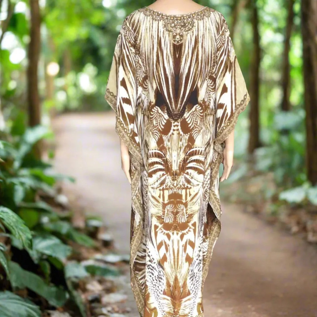 Long Silk Embellished Kaftan leopard