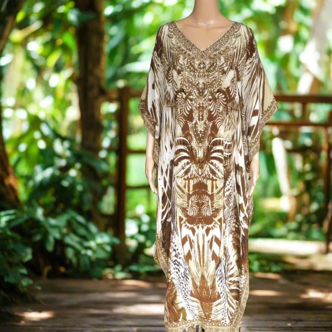 Long Silk Embellished Kaftan leopard