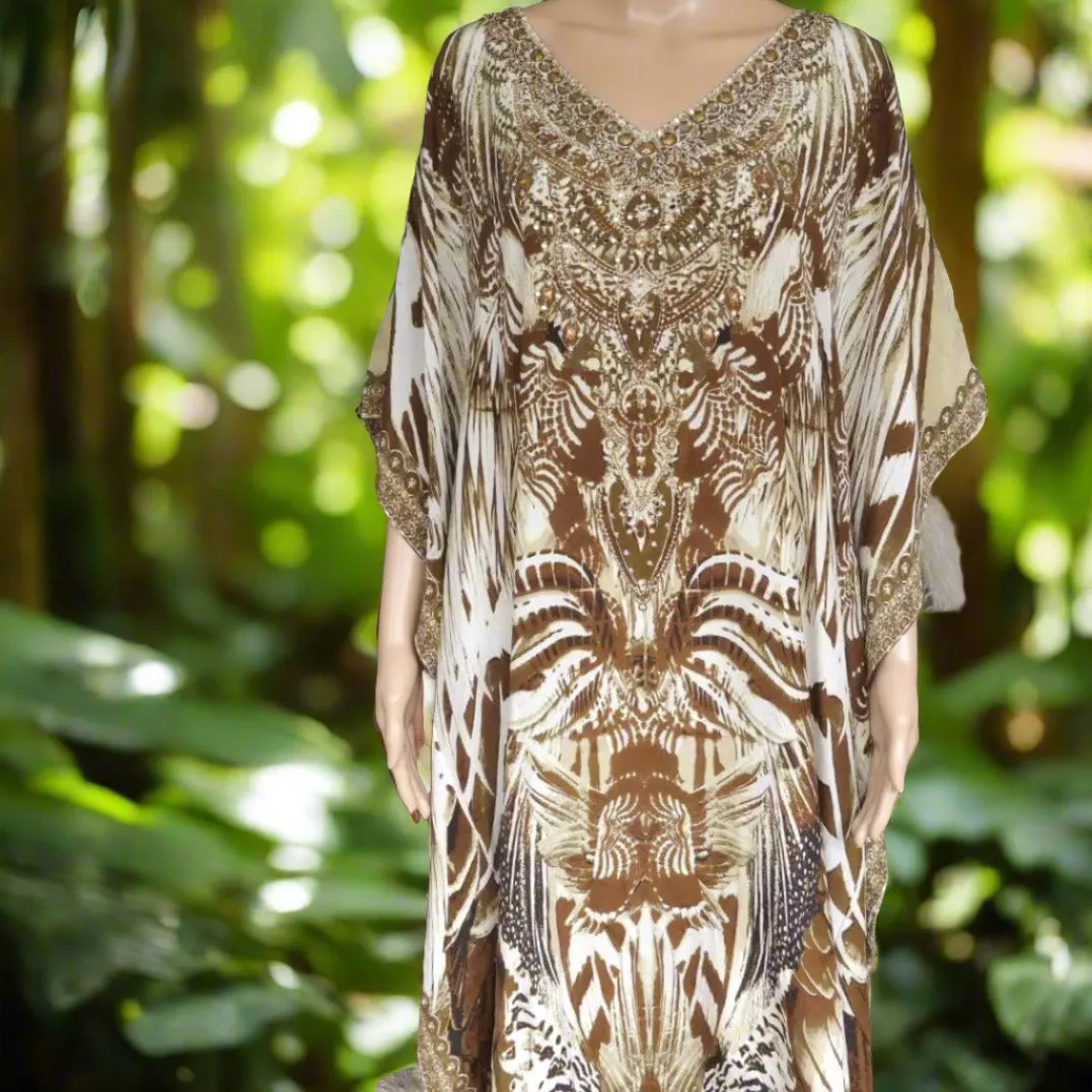 Long Silk Embellished Kaftan leopard